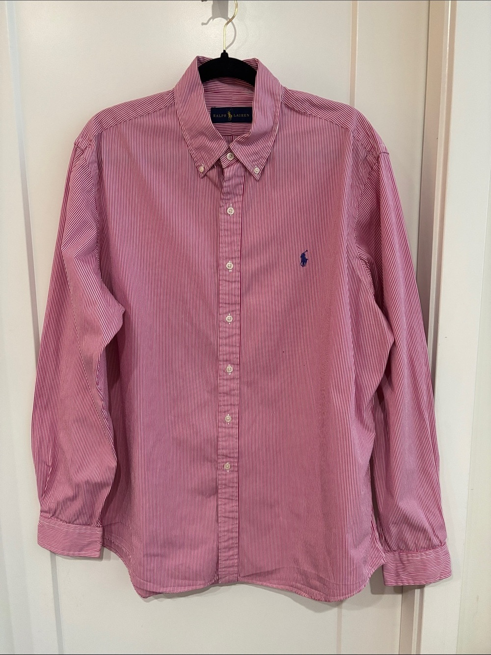 Ralph Lauren Sz XL Red Striped Button-Down Shirt with Blue Tag and Logo